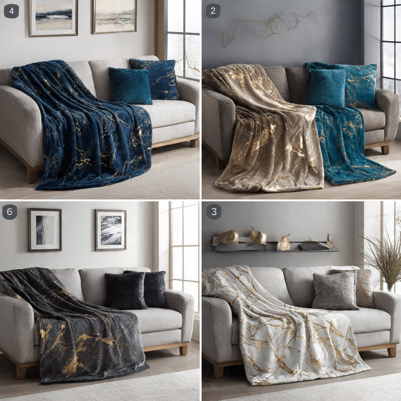 Plush throws in navy, champagne, charcoal and ivory
